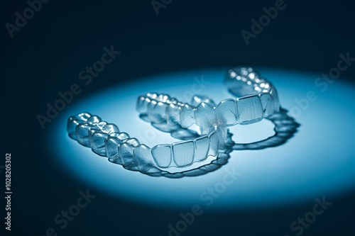 マウスピース、歯科矯正のコンセプトイメージ、青背景｜Mouthpiece, orthodontic concept image, blue background photo