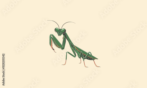 Detailed illustration of a green praying mantis.