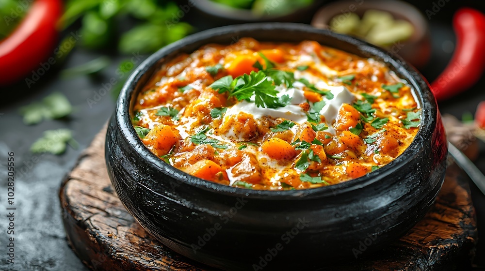Pumpkin and carrot soup tadka with cream and parsley on dark wooden background Close up : Generative AI Pumpkin and carrot soup tadka with cream and parsley on dark wooden background Close up : Generative AI