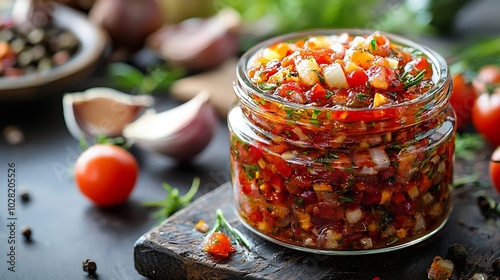 Vegetable relish chutney lutenica pindjur Traditional Balkan food Top view : Generative AI photo