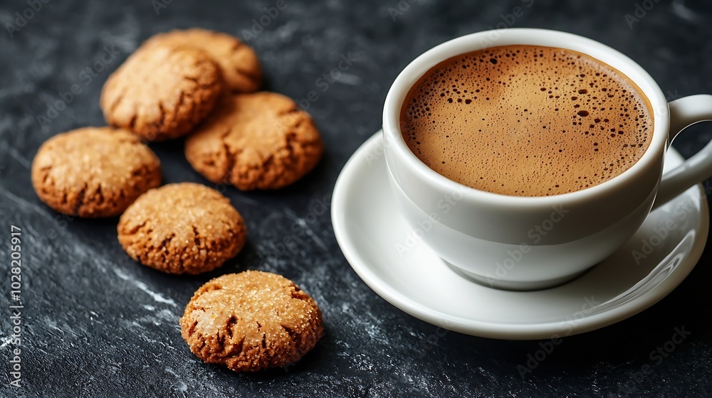 Coffee espresso in cup with amaretti cookies on black marble background Copy space : Generative AI Coffee espresso in cup with amaretti cookies on black marble background Copy space : Generative AI