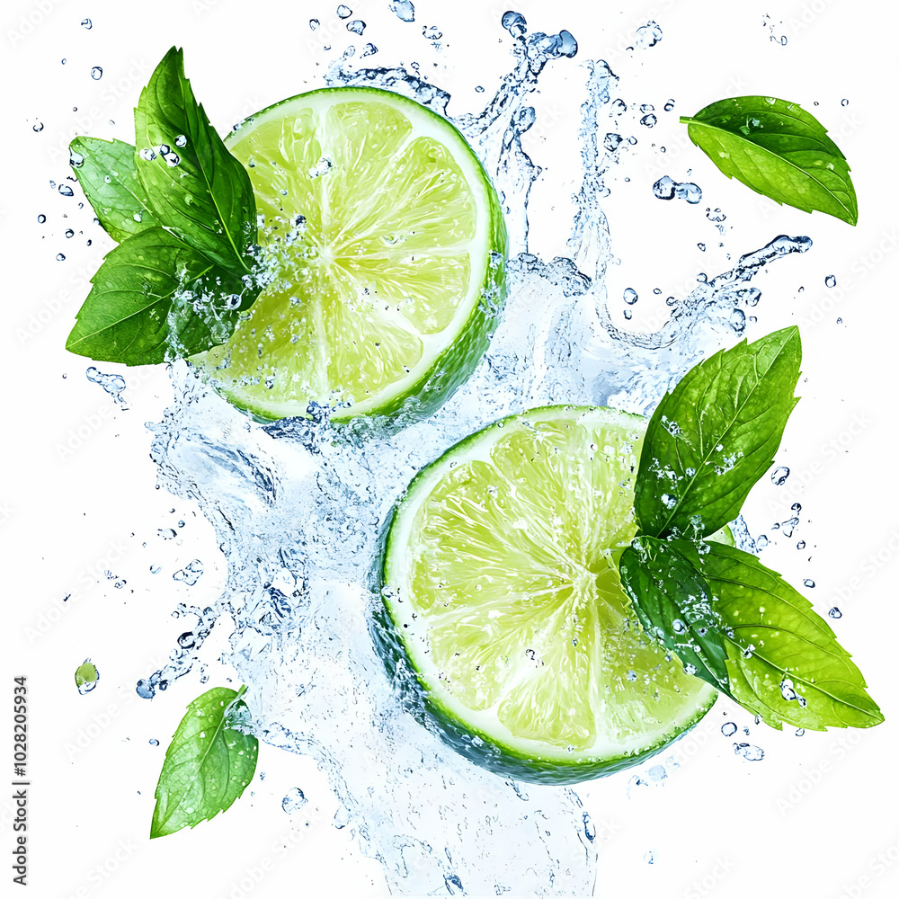 Limes and Mint Splashing in Water.