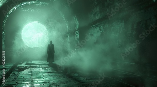 Mysterious Figure in a Foggy Tunnel