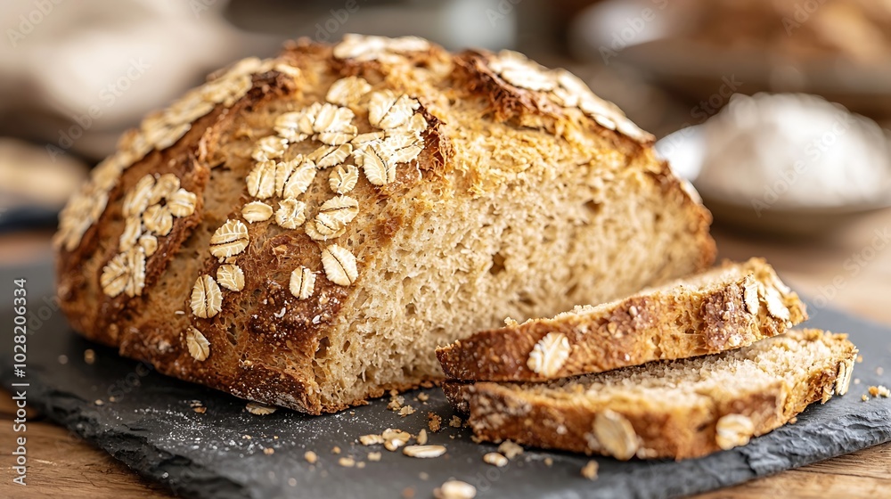 Fresh Irish soda bread with oat sliced on a slate cutting board Wooden background Copy space Selective focus : Generative AI