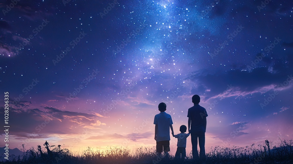 Family Silhouettes Against a Starry Night Sky Family Silhouettes Against a Starry Night Sky