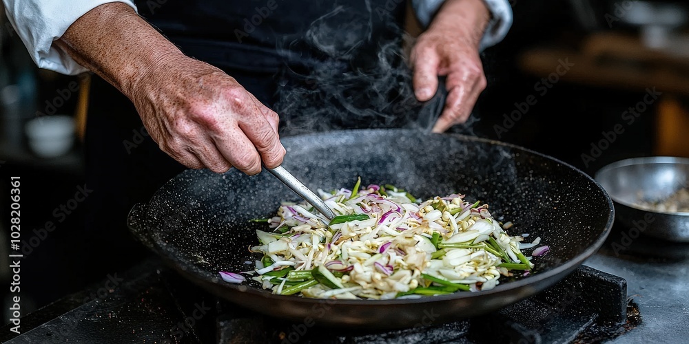 Asian Stir Fry Cooking Chef Stirring Vegetables in Wok Restaurant Kitchen Asian Stir Fry Cooking Chef Stirring Vegetables in Wok Restaurant Kitchen