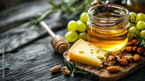 Assortment of cheese with honey nuts and grape on a rustic cutting board wooden background Toning : Generative AI photo