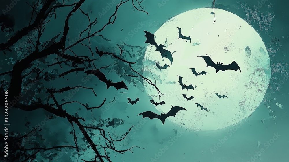 Bats Flying Across Full Moon in Spooky Night Sky Bats Flying Across Full Moon in Spooky Night Sky
