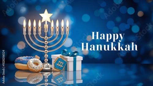 Hanukkah shining blue banner with menorah traditional dreidel, star, donut and gift box with letters Gimel