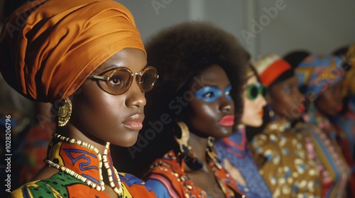 Five fabulous fashion models rocking 1970s style, flaunting retro makeup and vibrant clothing. Embracing diverse beauty with afros and chic headwear