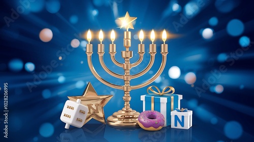 Hanukkah shining blue background with menorah traditional dreidel, star, donut and gift box with letters Gimel