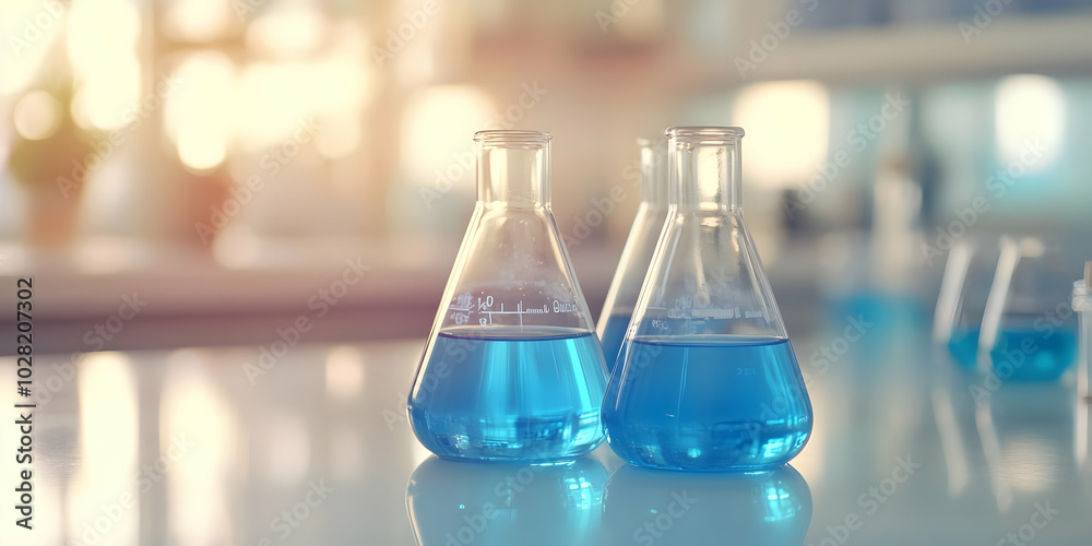 Blue Liquid in Erlenmeyer Flasks on a White Table. Blue Liquid in Erlenmeyer Flasks on a White Table.