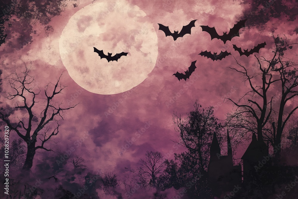 Eerie Night Scene with Full Moon and Castle Eerie Night Scene with Full Moon and Castle