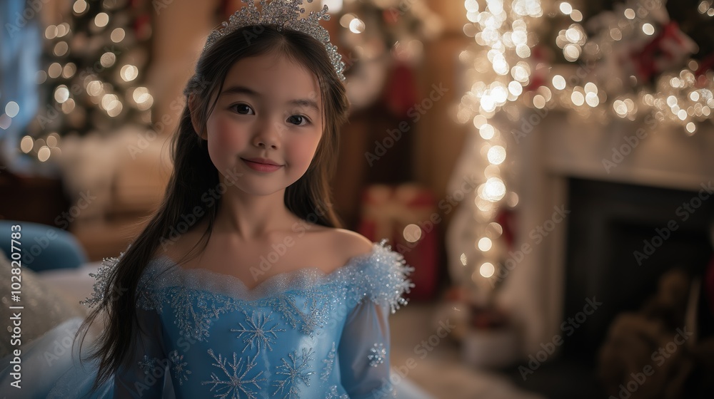 Young Girl Dressed as a Princess in Blue Gown Celebrating Christmas Young Girl Dressed as a Princess in Blue Gown Celebrating Christmas