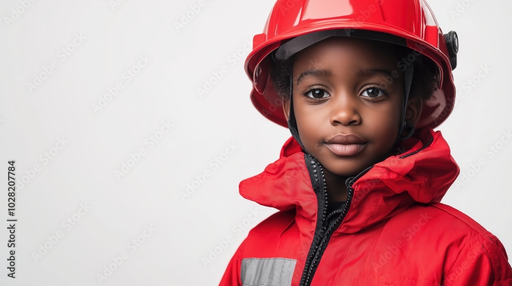 Cute Child in Firefighter Uniform and Helmet Ready for Action Cute Child in Firefighter Uniform and Helmet Ready for Action