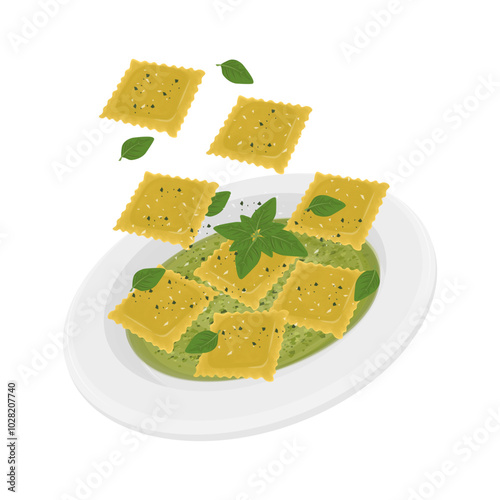 Vector Illustration Logo Clipart Levitation Ravioli With Pesto Sauce
