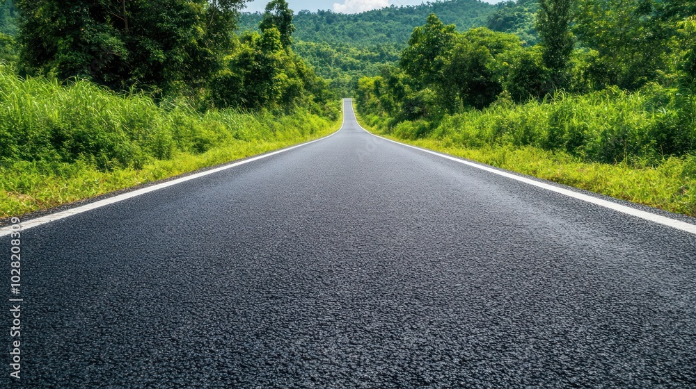 A long, straight road stretches through lush greenery and distant hills under a cloudy sky. A long, straight road stretches through lush greenery and distant hills under a cloudy sky.