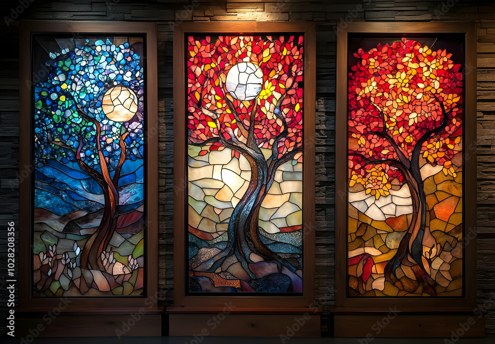Three stained glass windows depicting seasons. Three stained glass windows depicting seasons.