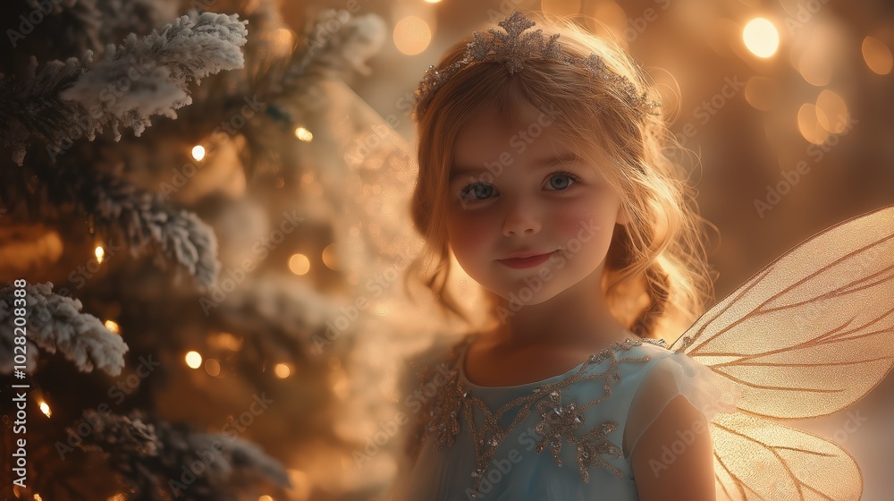 Smiling Little Girl in Fairy Costume with Sparkling Wings by Christmas Tree Smiling Little Girl in Fairy Costume with Sparkling Wings by Christmas Tree