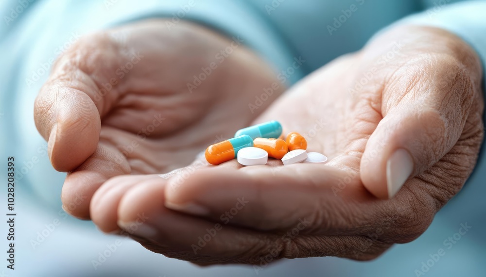 Hands holding colorful pills and capsules on a soft background. Hands holding colorful pills and capsules on a soft background.