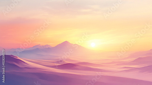 A tranquil desert sunrise with soft pastel colors illuminating the sky.