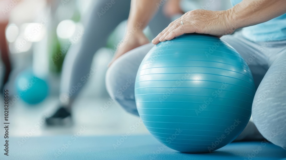 Person exercising with a stability ball in a bright gym setting. Person exercising with a stability ball in a bright gym setting.