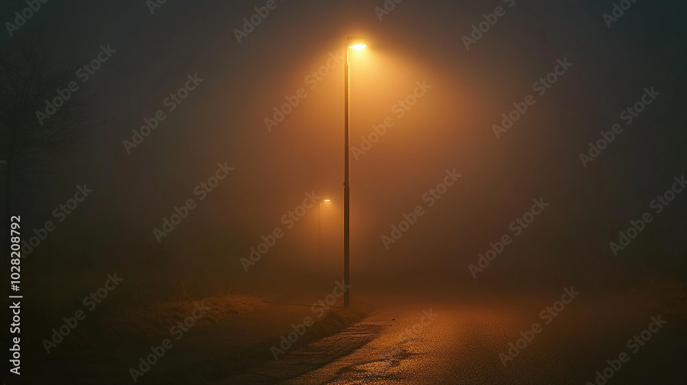 A streetlight standing alone on a foggy night casting A streetlight standing alone on a foggy night casting