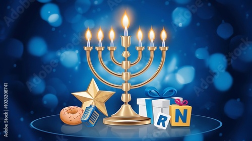 Hanukkah shining blue background with menorah traditional dreidel, star, donut and gift box with letters Gimel