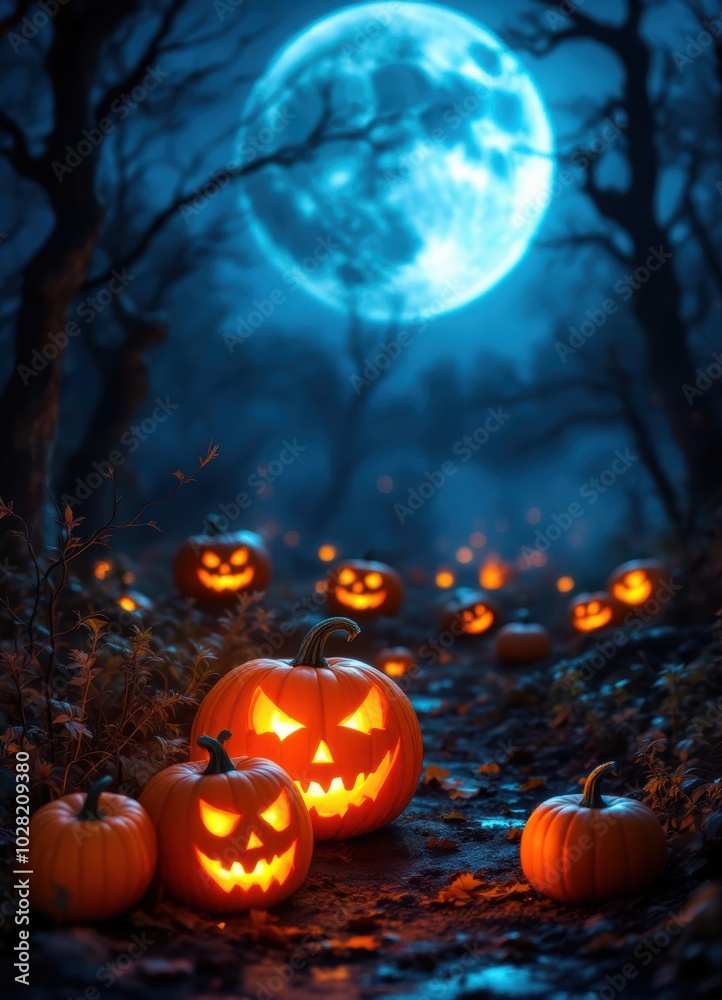 Fototapeta premium Happy Halloween, ghost, bat flying pumpkins, candle, moon night, banner design on dark