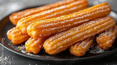Churros snack on black plate Grey background Close up : Generative AI