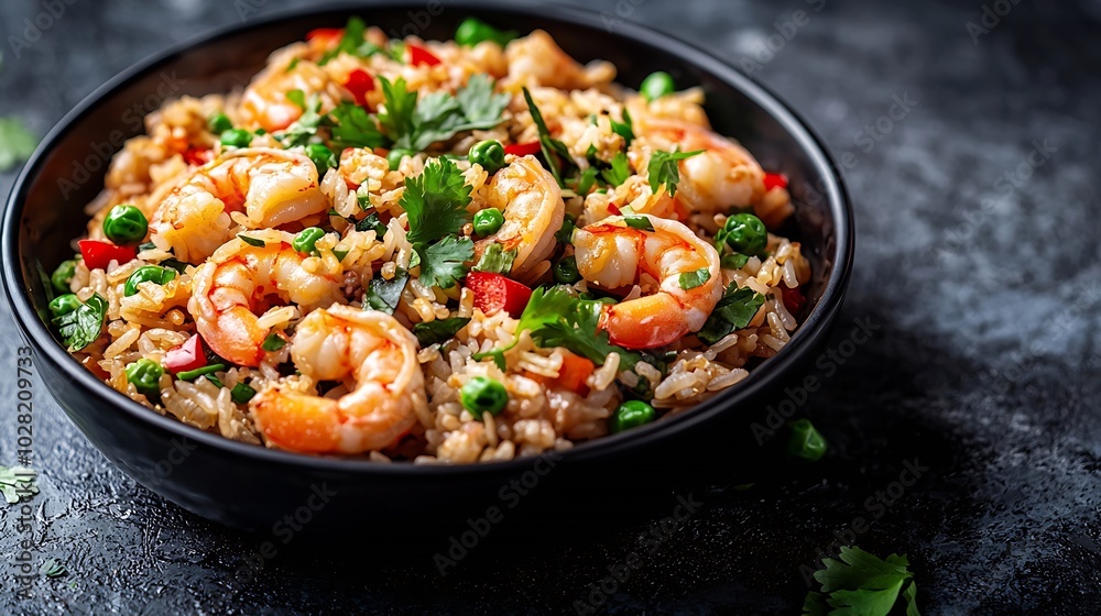 custom made wallpaper toronto digitalAsian fried rice with prawns Dark stone background Copy space Close up : Generative AI
