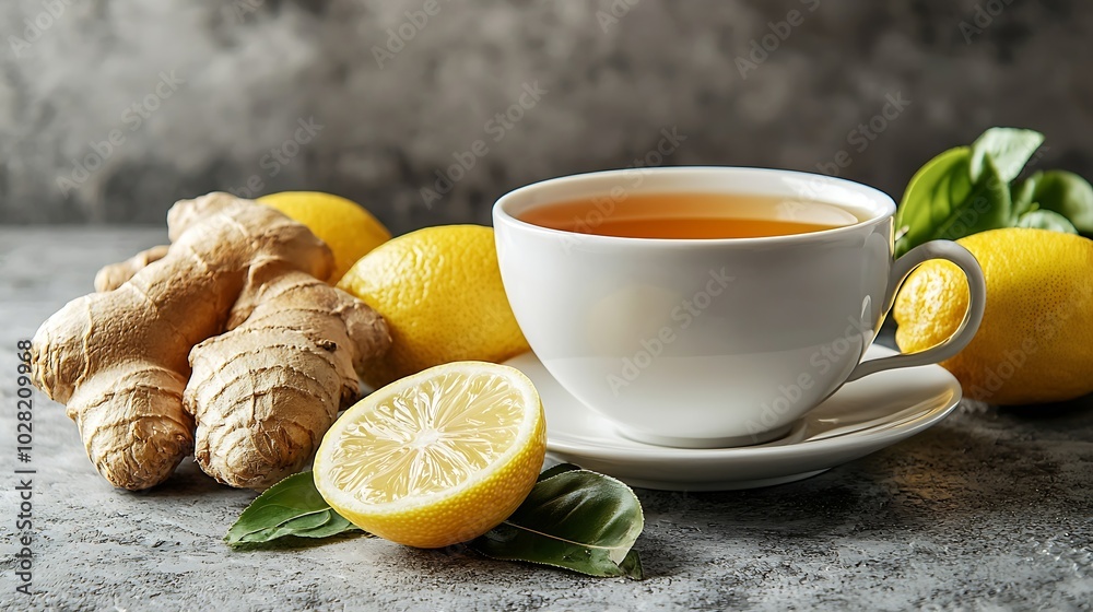 Ginger tea with lemon Grey background Healthy immunity boost hot drink Close up : Generative AI Ginger tea with lemon Grey background Healthy immunity boost hot drink Close up : Generative AI