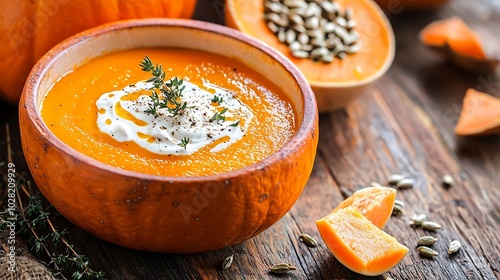 Pumpkin soup with cream seeds and thyme on a wooden background : Generative AI