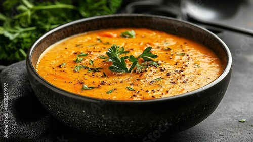 Pumpkin and carrot cream soup in bowl Grey background Close up : Generative AI