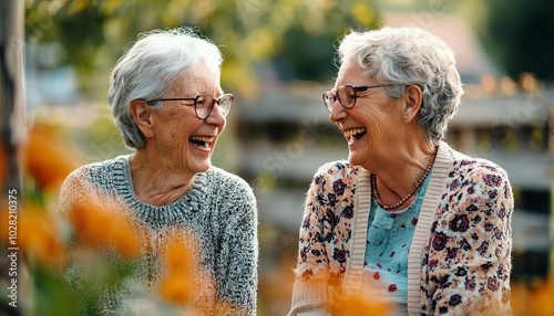 Two elderly women laughing together in a vibrant garden setting.