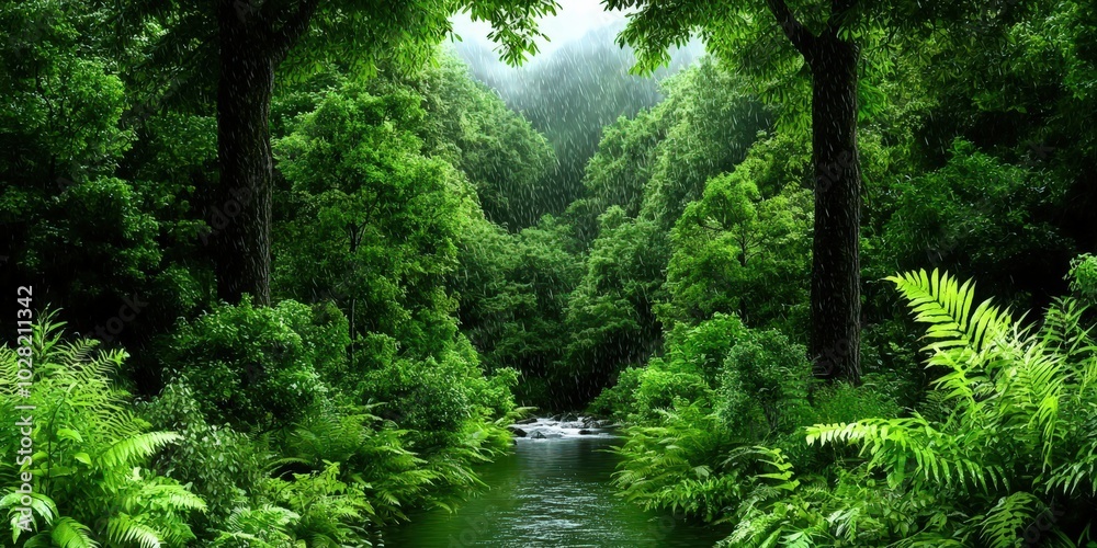 Lush Rainforest River With Heavy Rain And Sunlight Lush Rainforest River With Heavy Rain And Sunlight