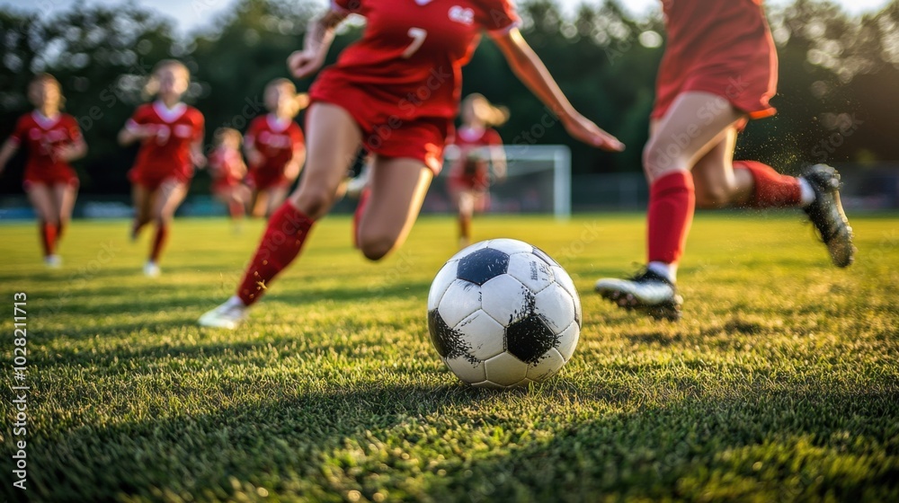 High school girls soccer team playing match, showcasing teamwork and athleticism on field. focus is on ball as players sprint towards it, capturing excitement of game High school girls soccer team playing match, showcasing teamwork and athleticism on field. focus is on ball as players sprint towards it, capturing excitement of game