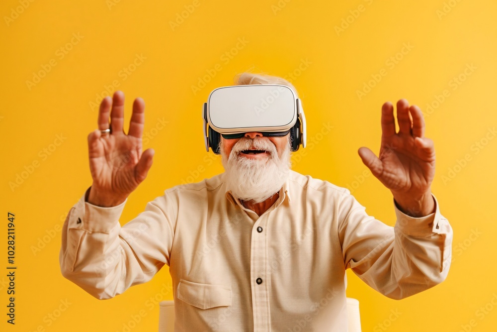 Senior man wearing virtual reality device on a yellow background Senior man wearing virtual reality device on a yellow background