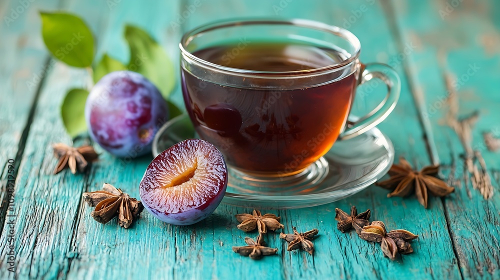 Plum hot mulled cider with fresh plums rum and spices on a turquois wooden background : Generative AI Plum hot mulled cider with fresh plums rum and spices on a turquois wooden background : Generative AI