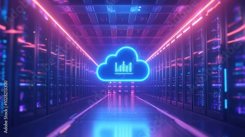 vibrant blue cloud icon with glowing elements is set against futuristic server room backdrop, showcasing advanced technology and data visualization. atmosphere is dynamic and modern, reflecting