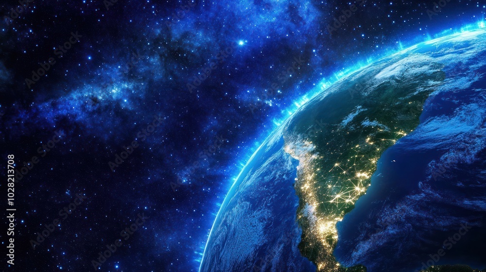 A stunning view of Earth from space, showcasing city lights and a starry backdrop. A stunning view of Earth from space, showcasing city lights and a starry backdrop.