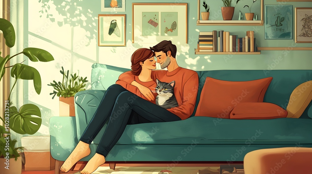 Obraz premium Affectionate Couple Relaxing on Cozy Sofa in Stylish Living Room
