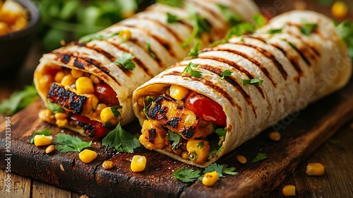 Vegan tortilla wrap roll with grilled vegetabes and lentil and boiled corn cob on a wooden background : Generative AI photo