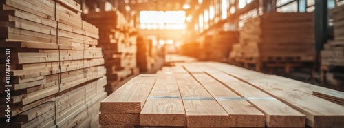 Wallpaper Mural Lumber warehouse with stacked wooden planks, sunlight streaming through windows, creating warm atmosphere. organized space showcases various wooden materials ready for use Torontodigital.ca