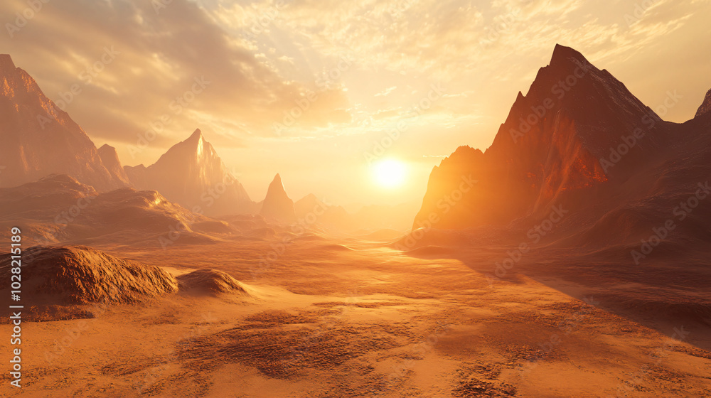 Naklejka premium A sunrise illuminating the desert mountains, creating a magical atmosphere.