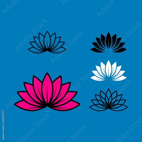 Lotus flower icon set. Vector illustration. Isolated on blue background.