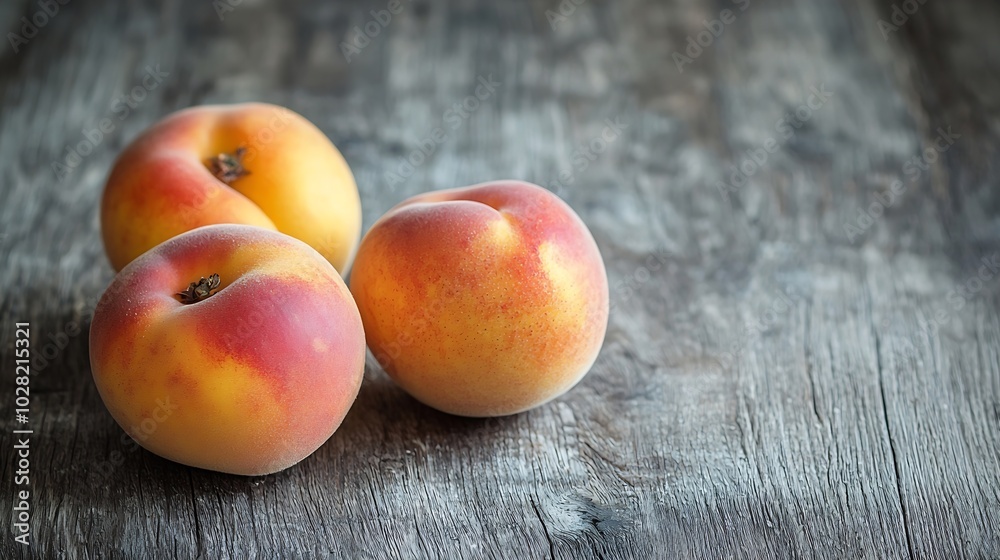 Fresh peaches on grey wooden background Close up Copy space : Generative AI Fresh peaches on grey wooden background Close up Copy space : Generative AI