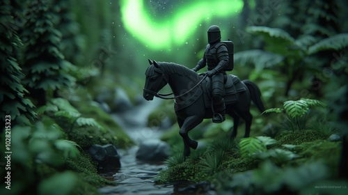 3D Render Knight on Horseback Under Aurora Borealis in Forest