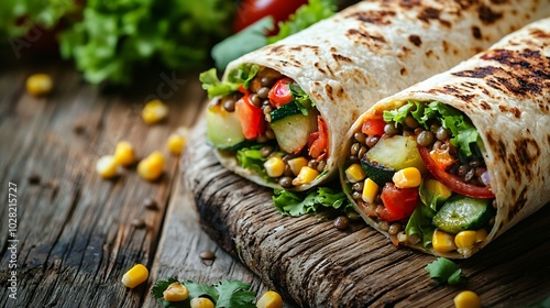 Vegan tortilla wrap roll with grilled vegetables and lentil and boiled corn cob on a wooden background : Generative AI