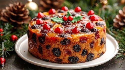 Wallpaper Mural Christmas fruit cake pudding on white plate Christmas decoration Copy space : Generative AI Torontodigital.ca